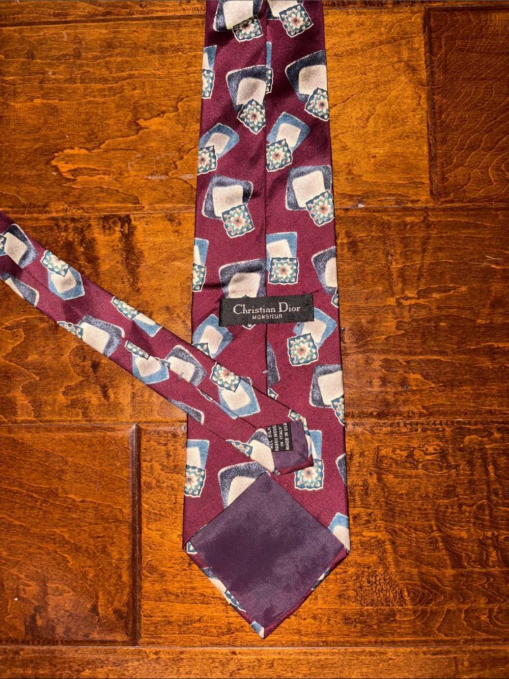 Dior Burgundy Silk Tie with Blue and Cream Geometric Motifs